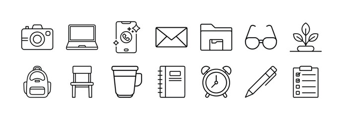 Office essentials vector icon set stationery camera laptop phone email folder glasses plant 