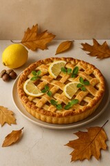 A beautifully crafted lemon pie, adorned with fresh lemon slices and vibrant autumn leaves, evokes a sense of warmth and culinary delight. The scene is set with autumnal elements, suggesting a cozy.