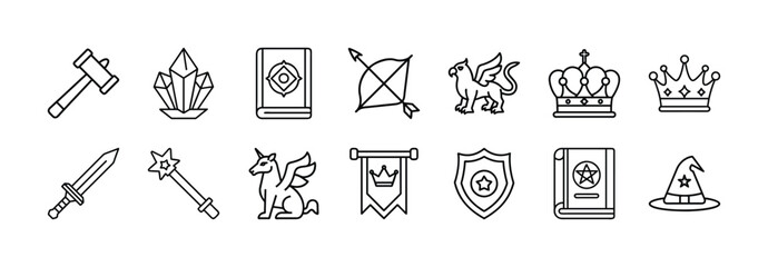 Vector art of collection of fantasy game icons, including a sword, shield, dragon, crown, magic book, and potion