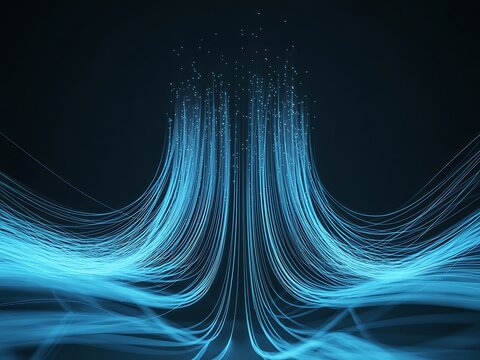 Abstract Flowing Blue Energy Trails of Light Particles Ascending Upwards Against Dark Background, ai-generated