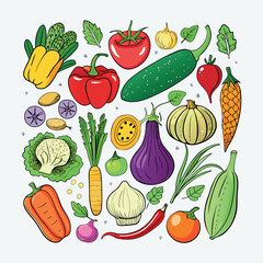 Colorful cartoon vegetables illustration, flat style, isolated on white background