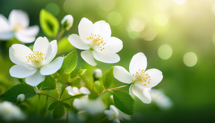 Fototapeta premium White Flowers Blooming In Spring On Blurred Green Background