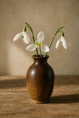 A delicate display of snowdrop flowers in a rustic vase