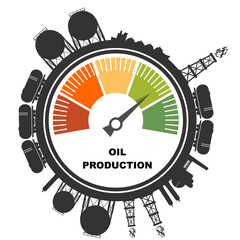 Oil production value measuring device with arrow and scale. Oil pump growth. Resources logistic. Icons located around circle.