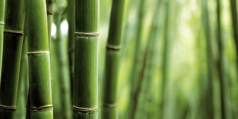 Fototapeta premium A row of bamboo plants with green leaves. The bamboo is tall and straight. The leaves are green and the stems are brown