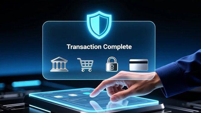 Hand pointing at glowing digital payment screen with shield icon and floating banking icons and text transaction complete in dark high tech setting Secure Payment, Secure Transaction