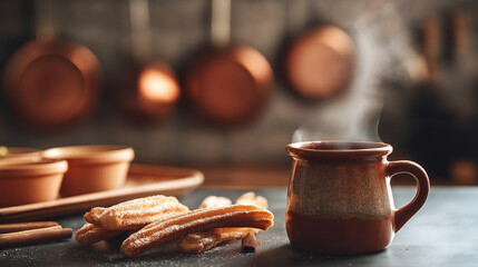 churros. A clay cup of hot chocolate with churros, capturing the warmth of Spanish National Day. menu design, packaging mockups, designed for culinary blogs and recipe cards for restaurants.