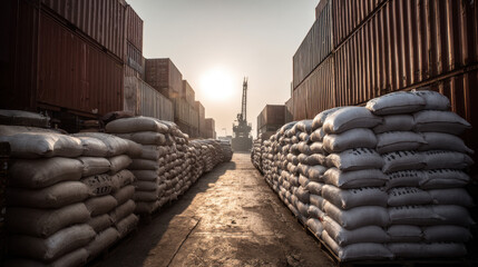 Stacks of rice sacks and shipping containers at industrial port under warm sunrise light