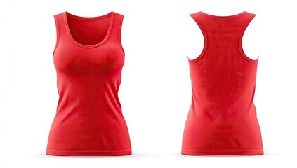 Red ribbed women's sleeveless athletic top, front and back views, isolated on white