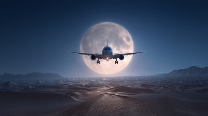 Commercial jet airplane soars against the giant full moon over desert dunes