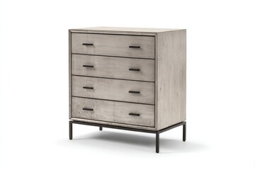 Four-drawer dresser with light gray wood finish and black metal legs; minimalist, modern design