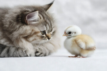 Fluffy cat and tiny chick face side by side on clean white background 32k, full ultra hd, high resolution