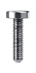 A shiny, metallic screw with a large, flat head and a pointed tip, isolated on a white background