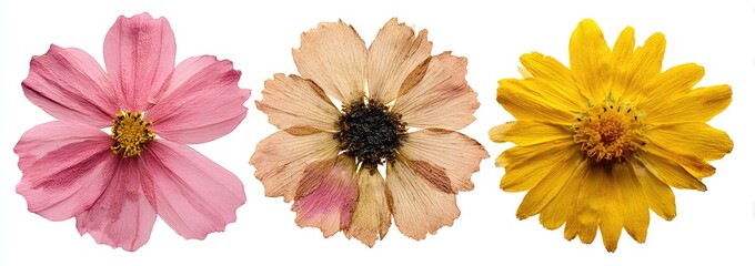 Three pressed flowers, pink, beige, and yellow, displayed against a white background, showcasing delicate petals and vibrant hues