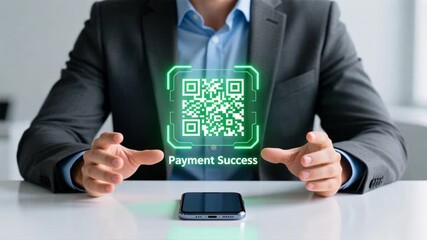 Businessman hand above smartphone with holographic QR code and Payment success text, payment success, secure transaction - Powered by Adobe
