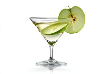 A martini glass filled with a pale yellow liquid, garnished with two green apple slices; one submerged, one on the rim, against a white background