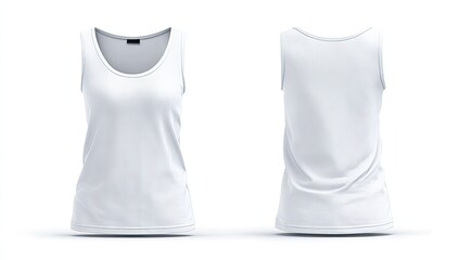 Front and back view of a plain white women's ribbed tank top, isolated on a white background