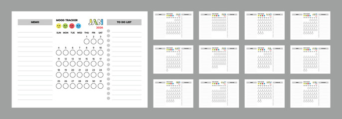Printable 2026 calendar with mood tracker, memo, and to-do list. Perfect for planners, bullet journals, and mental health tracking.