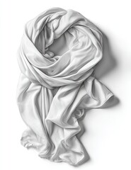 Soft, white, rectangular scarf loosely draped, showcasing its flowing, luxurious texture against a stark white background; subtle shadowing emphasizes its form