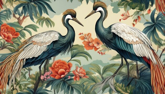 chinoiserie jungle paradise wallpaper features a crane seamless pattern