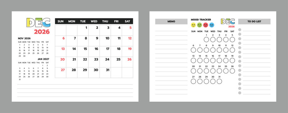 December 2026 calendar with planner, memo, to-do list, and mood tracker. Ideal for productivity and lifestyle planning.