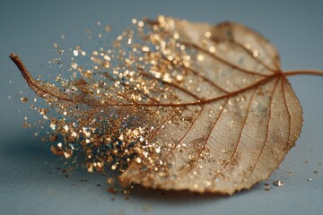Autumn dry leaf with golden glitter