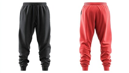 Rear view of black and coral cuffed sweatpants; elastic waistband and drawstring