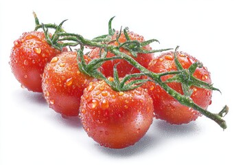 Five dewy red cherry tomatoes on a vine, isolated on white background; glistening with water droplets