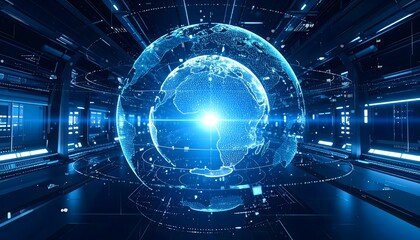 A glowing blue digital Earth globe centered in a futuristic server room or cyber space, symbolizing global network, data, AI, and connectivity.