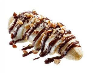Sliced banana topped with white and dark chocolate drizzle, and chopped almonds