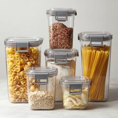 Six clear plastic food storage containers with gray lids, various shapes and sizes, filled with dry goods like pasta, rice, and oats, stacked on a light gray surface