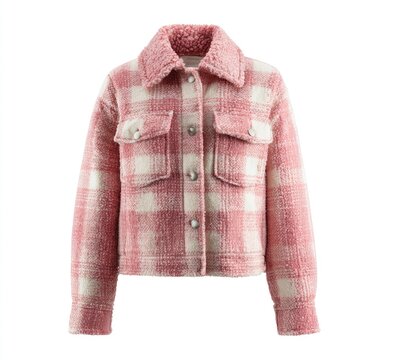 Pink and white plaid fleece-lined jacket with button closure, patch pockets, and a cropped silhouette