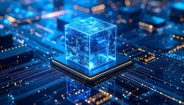A glowing blue digital cube on a CPU microchip embedded in a futuristic circuit board, symbolizing AI, blockchain, data processing, or quantum computing.