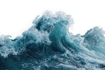 A powerful, teal-hued ocean wave crests, its frothy surface textured with dynamic, translucent splashes against a stark white backdrop