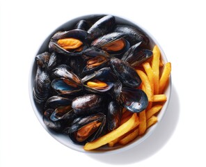 Overhead view of a bowl filled with steamed mussels and golden-brown french fries, set against a stark white background