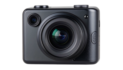 Black compact digital camera with a large lens capturing moments.