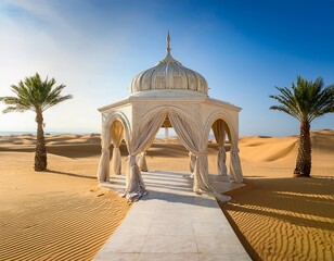 Naklejka premium white marble wedding pavilion with ornate domes flowing drapes palm trees golden sand dunes desert ceremony venue