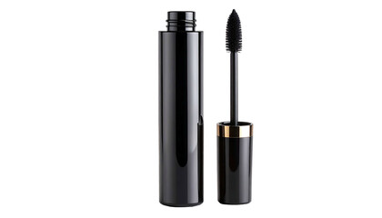 Obraz premium Black Mascara Tube and Wand for Eyelash Makeup on White Background.