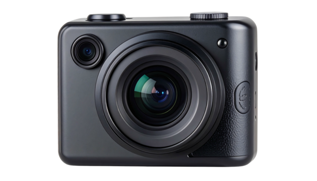 Black compact digital camera with a large lens capturing moments.