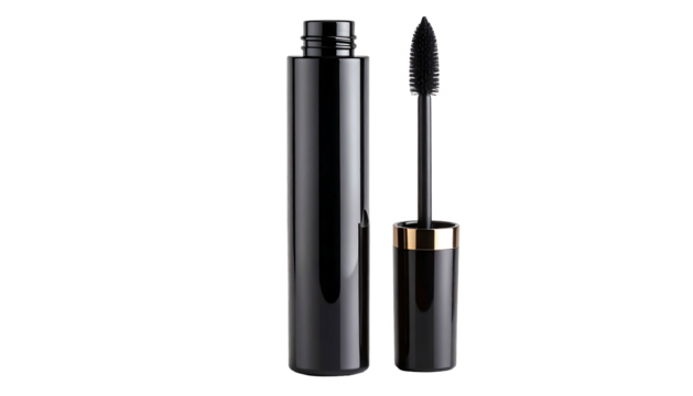 Black Mascara Tube and Wand for Eyelash Makeup on White Background.