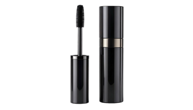 Black Mascara Wand and Tube for Eyelash Enhancement.