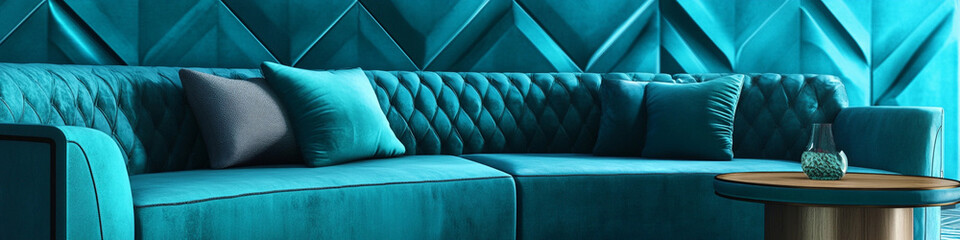 Geometric turquoise interiors with velvet couch and round end table