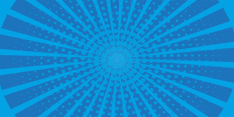 Fototapeta premium Comic background. Pop art texture. Starburst cartoon style. Anime design with explosion effect for print. Fun dot pattern. Blue backdrop with halftone gradient.