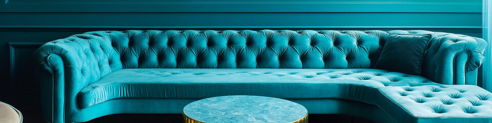 Geometric turquoise interiors with velvet couch and round end table