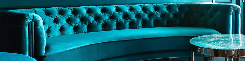 Geometric turquoise interiors with velvet couch and round end table