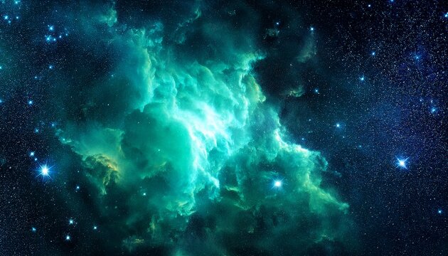 vibrant turquoise green nebula glow against dark space background with stars and galaxies in distant universe astronomy - Powered by Adobe