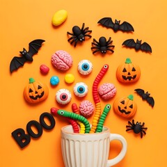 Halloween party set candy and sweets pumpkin bat boo brain eye mug orange backdrop 3d illustration