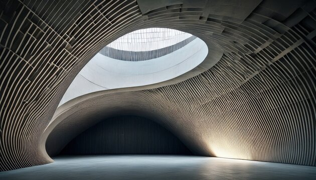 interior curved roof structure with repetitive light grid in concrete abstract brutalist design with pattern geometry and minimalism