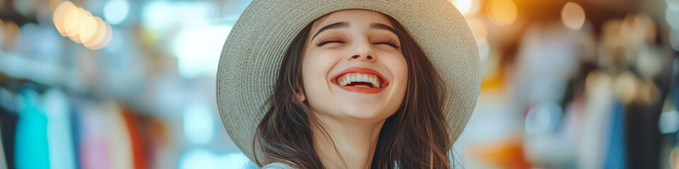 Giggling lady in hat enjoying fashion store shopping