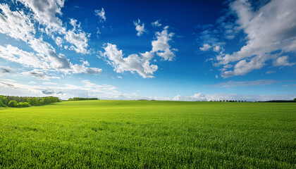 Obraz premium Vibrant Green Field Under A Bright Blue Sky With Scattered Clouds Depicting A Serene And Sunny Atmosphere